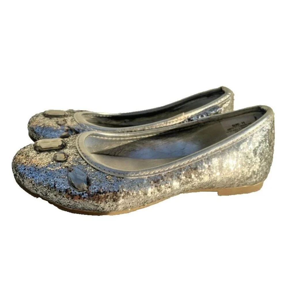 Gymboree Silver Ballet Flats Dress Sparkle Gems Girls Shoes Sz 10 T (Says 11 T)